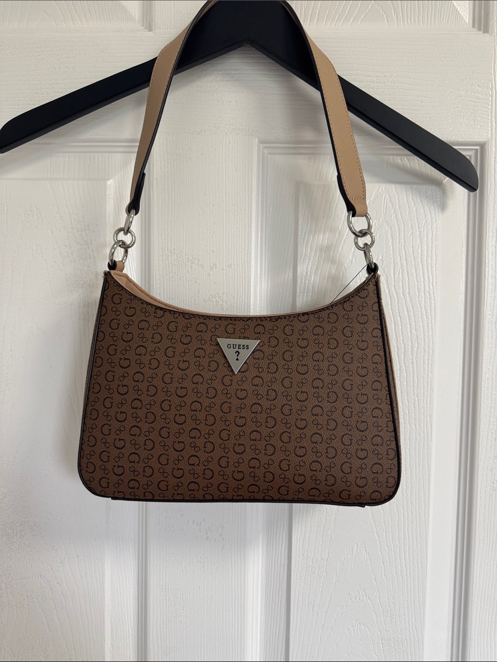 GUESS Tan Monogram Shoulder Bag with Silver-Tone Logo